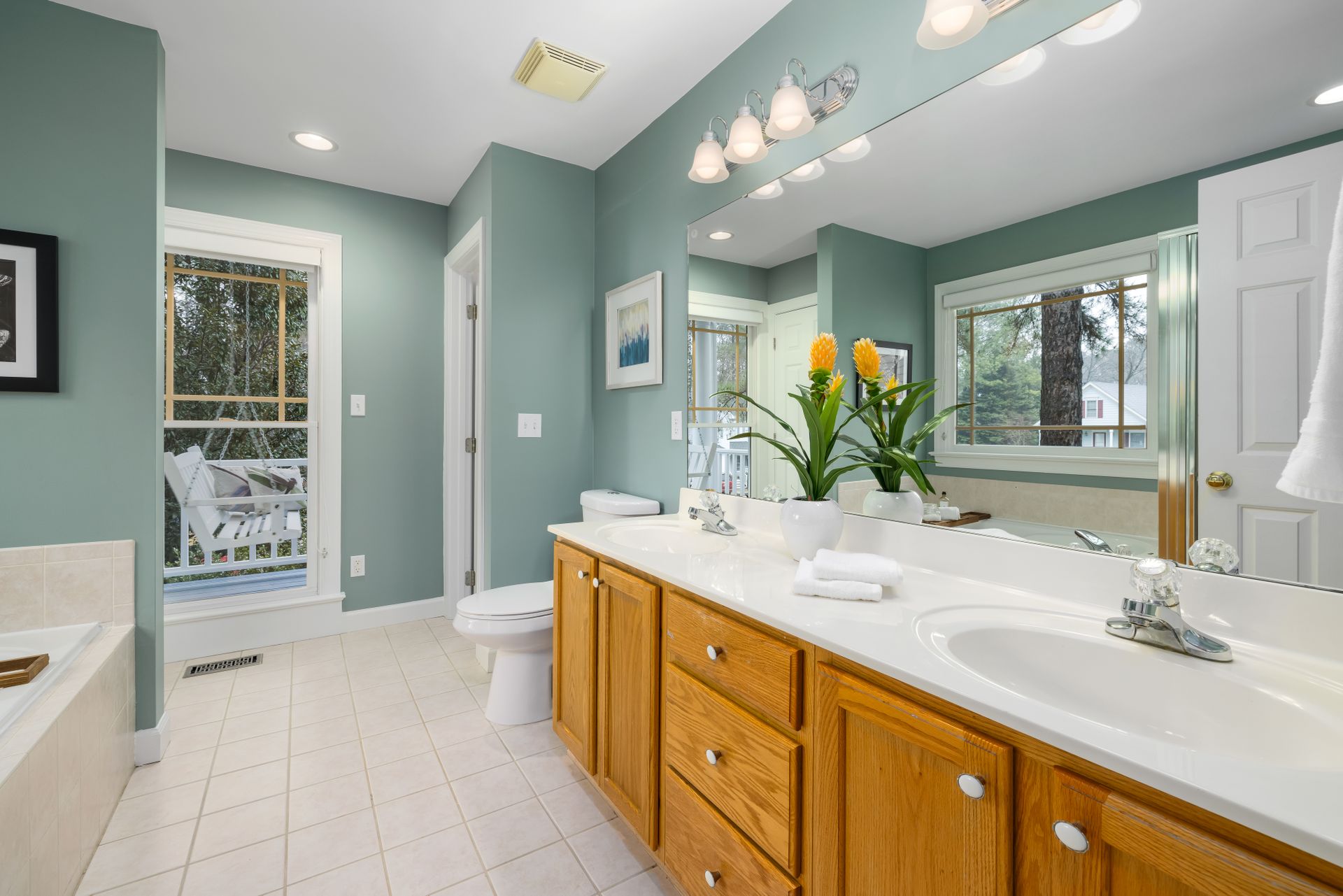 green Interior painting with white ceramic tile in bathroom